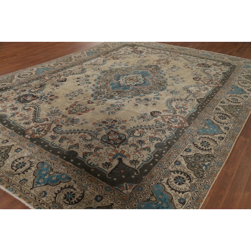 Distressed Tabriz Persian Rug Handmade Floral Wool Carpet - 9'5" x 12'4"