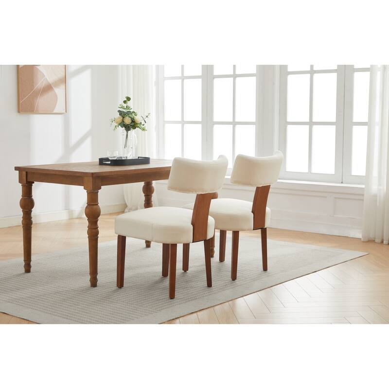 Linen Dining Chairs Set of 2, Armless Chairs with Curved Upholstered Backrest and Wooden Legs for Dining Room