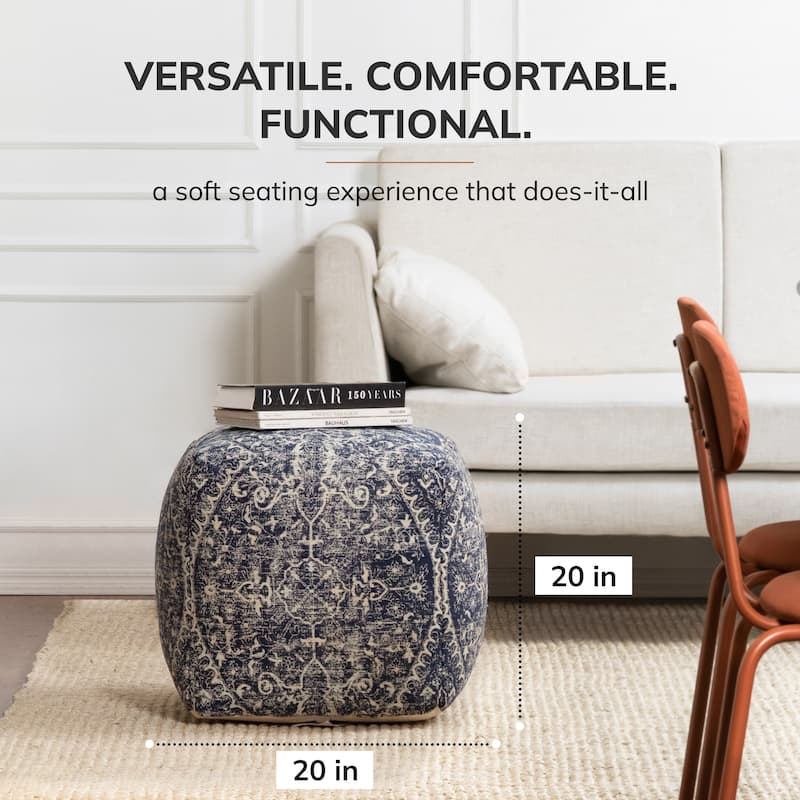 Jani Hanalei 20-inch Blue & Ivory Square Pouf Ottoman - Handmade Footrest for Living Room, Bedroom, Nursery, Kidsroom