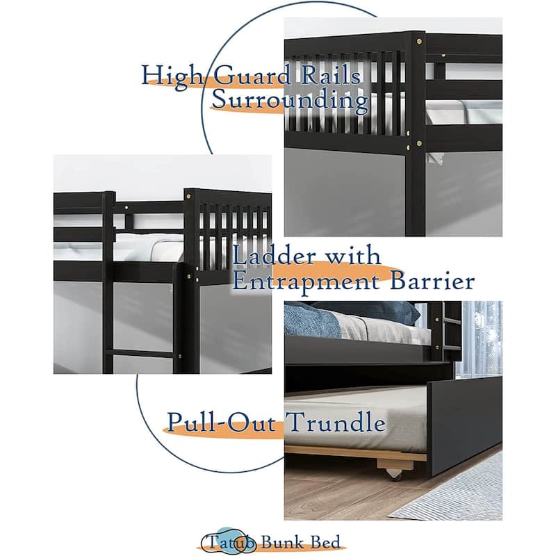 Full Over Full Bunk Bed with Trundle, Solid Bunk Bed with Trundle for Kids, Teens, Boys and Girls