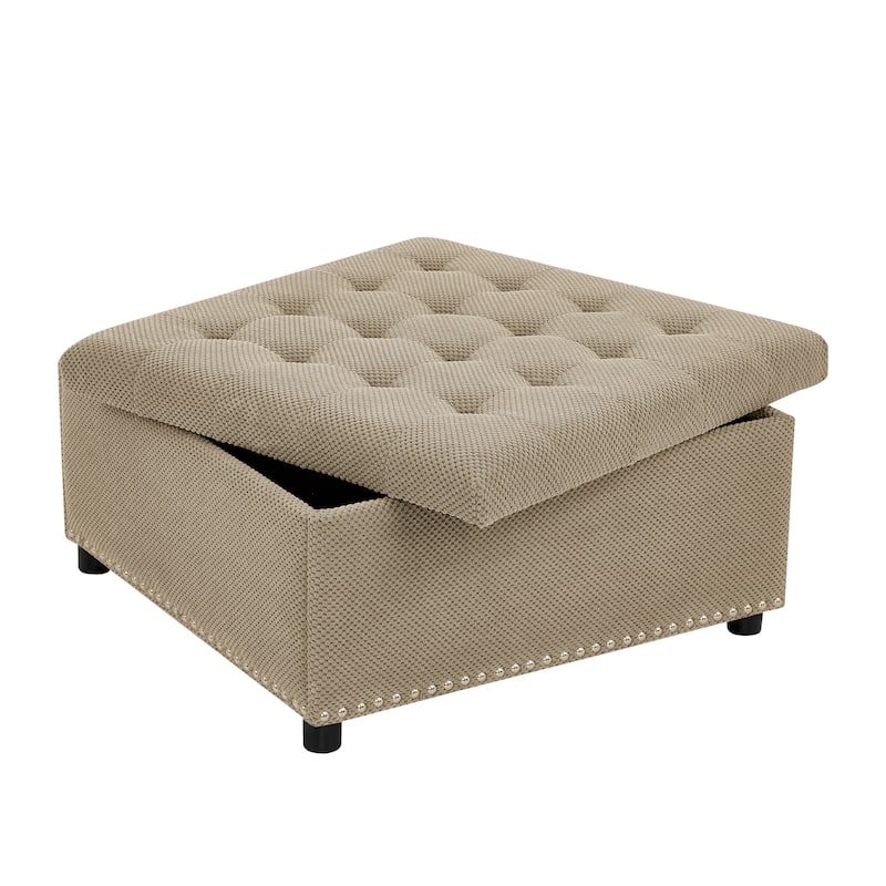 Square Tufted Upholstered Storage Ottoman with Nailhead Trim