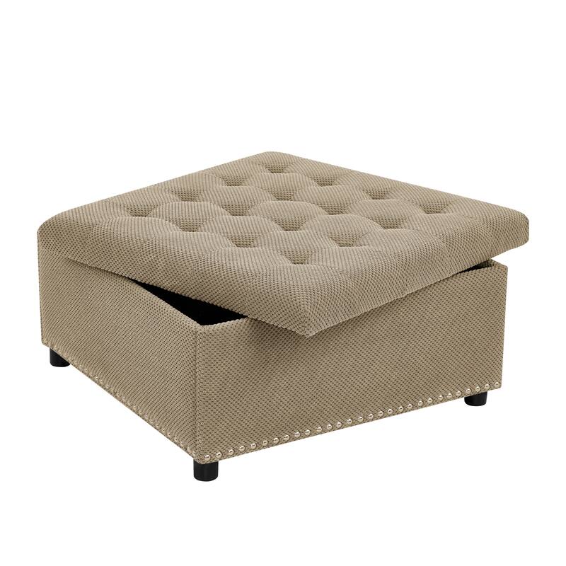 Storage Ottoman,Tufted Footstool, Nailhead Trim Ottoman, Square Storage Ottoman, Upholstered Coffee Table, Bedroom Storage