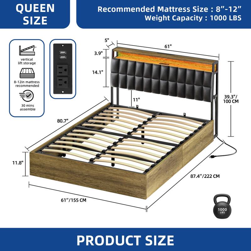 Moasis Lift-Up Storage Bed Frame with Charging Station & Storage Headboard