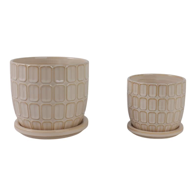 Decorative Ceramic Platner with Pattern - Set of 2, 8", 6", Ivory