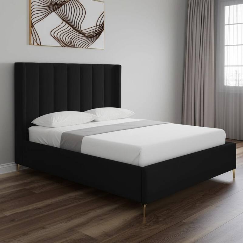 HomeRoots Green Velvet Upholstered Full Bed Frame - Queen - Black