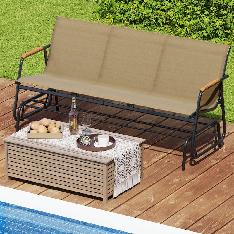 Black Brown Metal Teak 3-Person Glider Bench with Fabric Seat and Armrests - 29" L x 66.5" W x 33" H