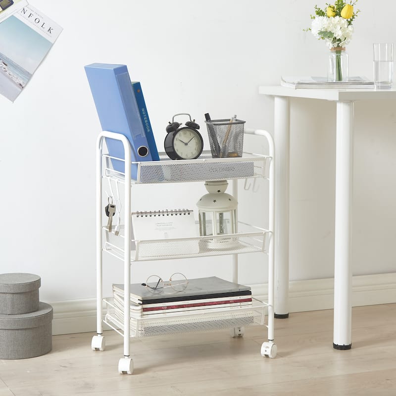 Urban Shop 3 Tier Trolley Rolling Mesh Storage Cart - 17" x 7" x 29" - White