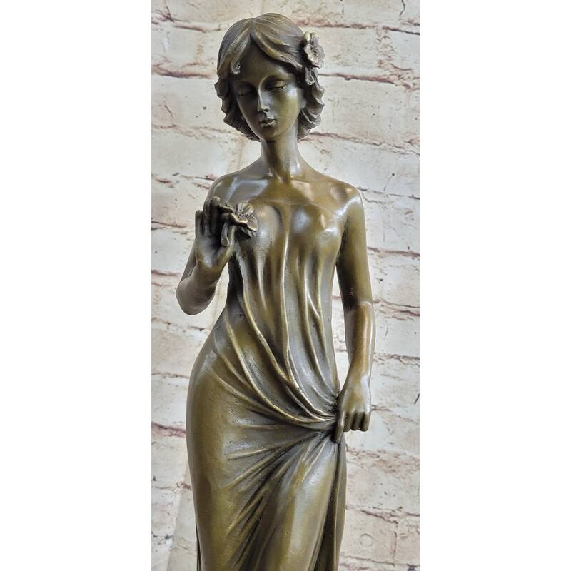 Bronze Sculpture Young Lady Gazes Into A Flower By Moreau Art Nouveau Deco Decor