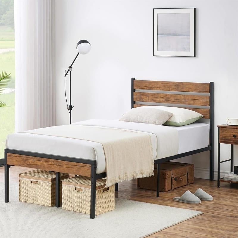 Twin Size Platform Bed Frame with Rustic Wood Headboard