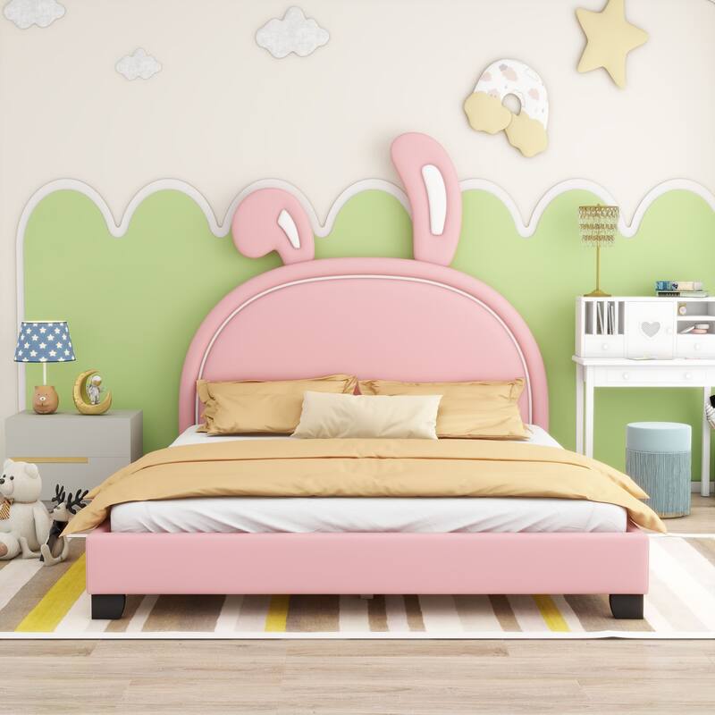 Upholstered faux leather platform bed - Pink - Full