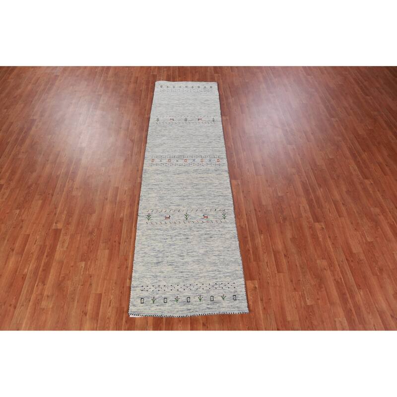 Hand Knotted Oriental 100% Wool Carpet Tribal Animal Pictorial Beige & Ivories Gabbeh Runner Rug - 9' 10'' X 2' 8''