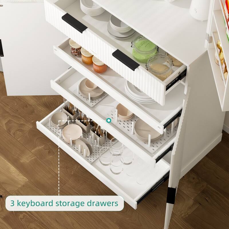 72" Kitchen Pantry Cabinet With Three Keyboard Drawers,Featuring Six Adjustable Door Shelves, Storage Cupboard