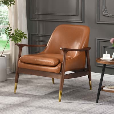 Modern PU Leather Accent Leisure Chair Solid Wood Frame Mid Century Style