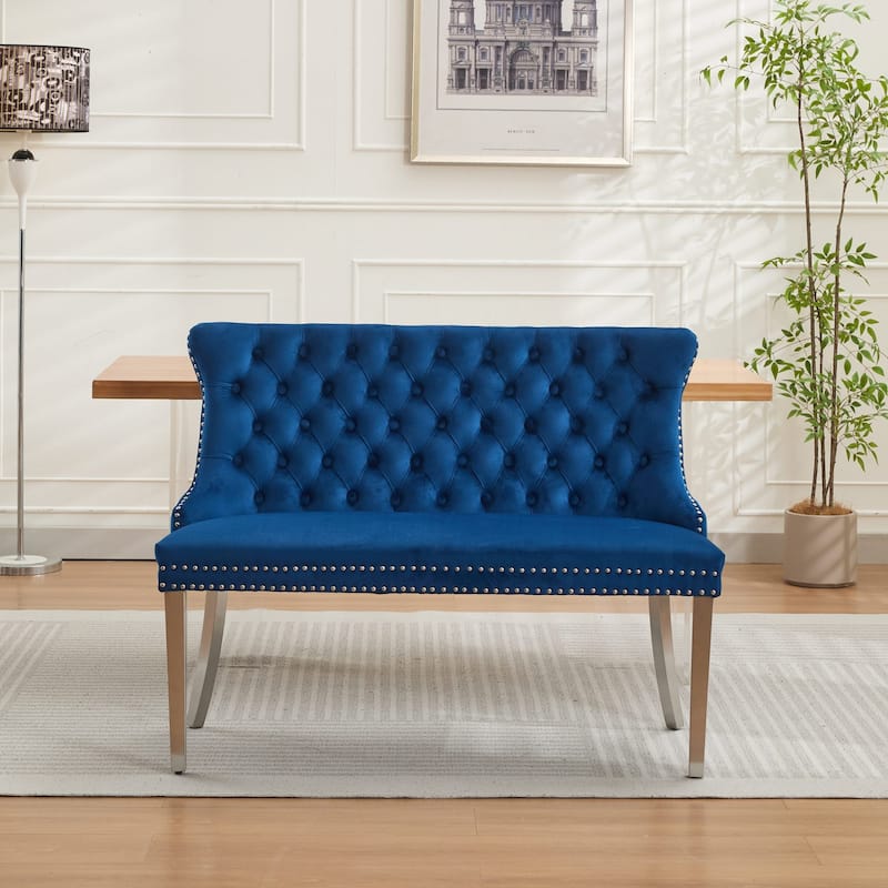 Roomfitters Upholstered Loveseat Bench with Nailhead Trim and Silver Legs, Modern High Back Settee for Dining Room