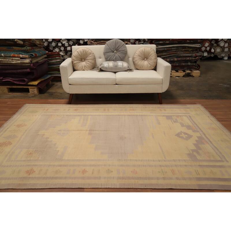 Hand Woven Oriental 100% Wool Carpet Southwestern Tribal Yellow & Gold Kilim Area Rug - 8' 10'' X 6' 4''