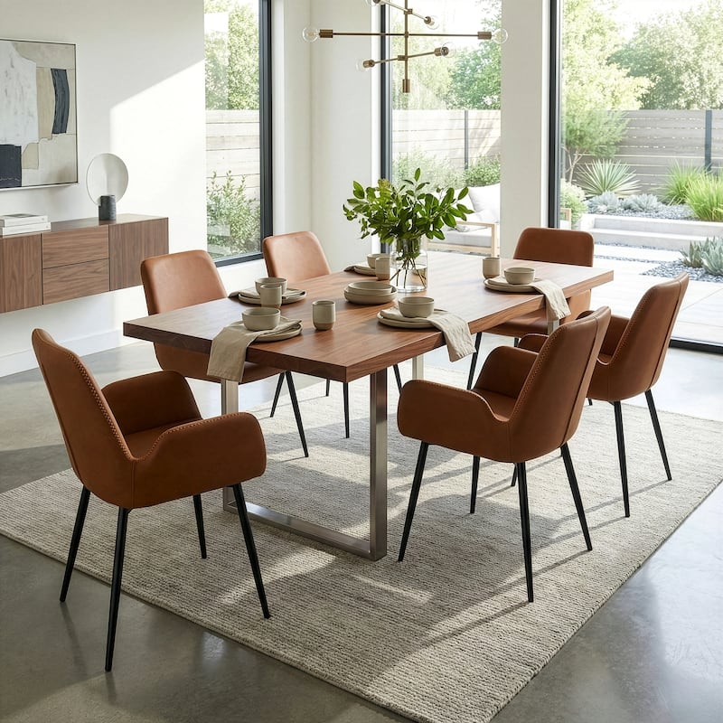 Set of 2 Alrik Brown Arm Chair with Zigzag Stitching Black Metal Legs