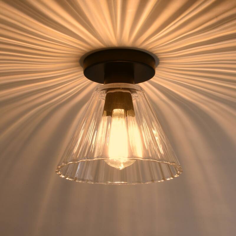 Dalton 1-Light Matte Black Cone Flush Mount Lighting Fixture, Clear Ribbed Glass Shade Low Ceilings Hallway Kitchen