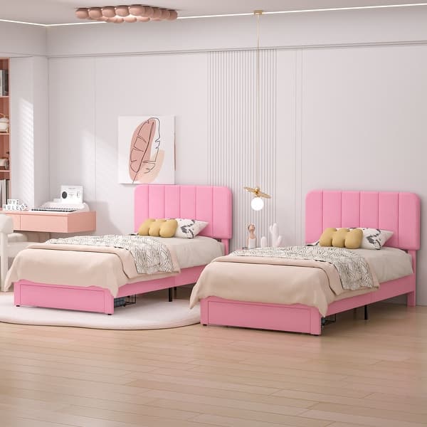 slide 2 of 48, VECELO Kids Bed Frame, Plantform Beds with Storage Drawer, Height Adjustable Upholstered Bed, Twin Size Bed Set of 2 Pink