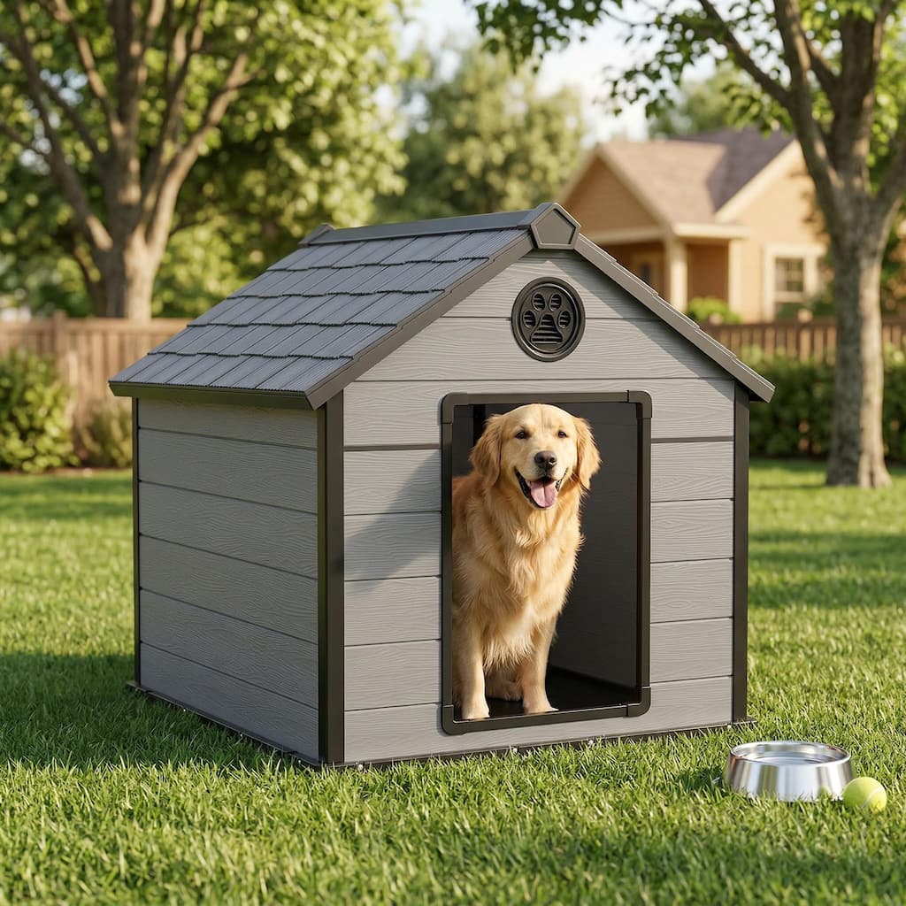 Large outdoor dog kennel pointed design resin material waterproof /sun resistant suitable for pets of all sizes (black).