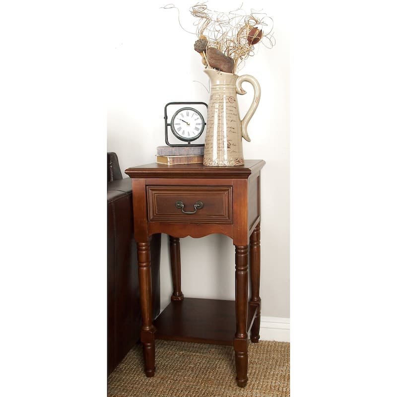 Wood Storage 1 Drawer and 1 Shelf Accent Table with Turned Legs - Brown - Roche River Decor - 16"W x 16"L x 29"H