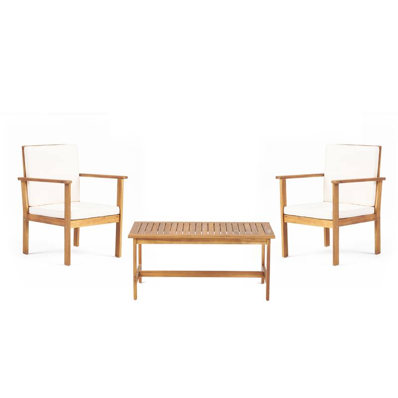 Acacia Wood Table Chairs Set with Slat Back Arm Chairs and Coffee Table, Outdoor Sectional Conversation Sets, 3-Piece