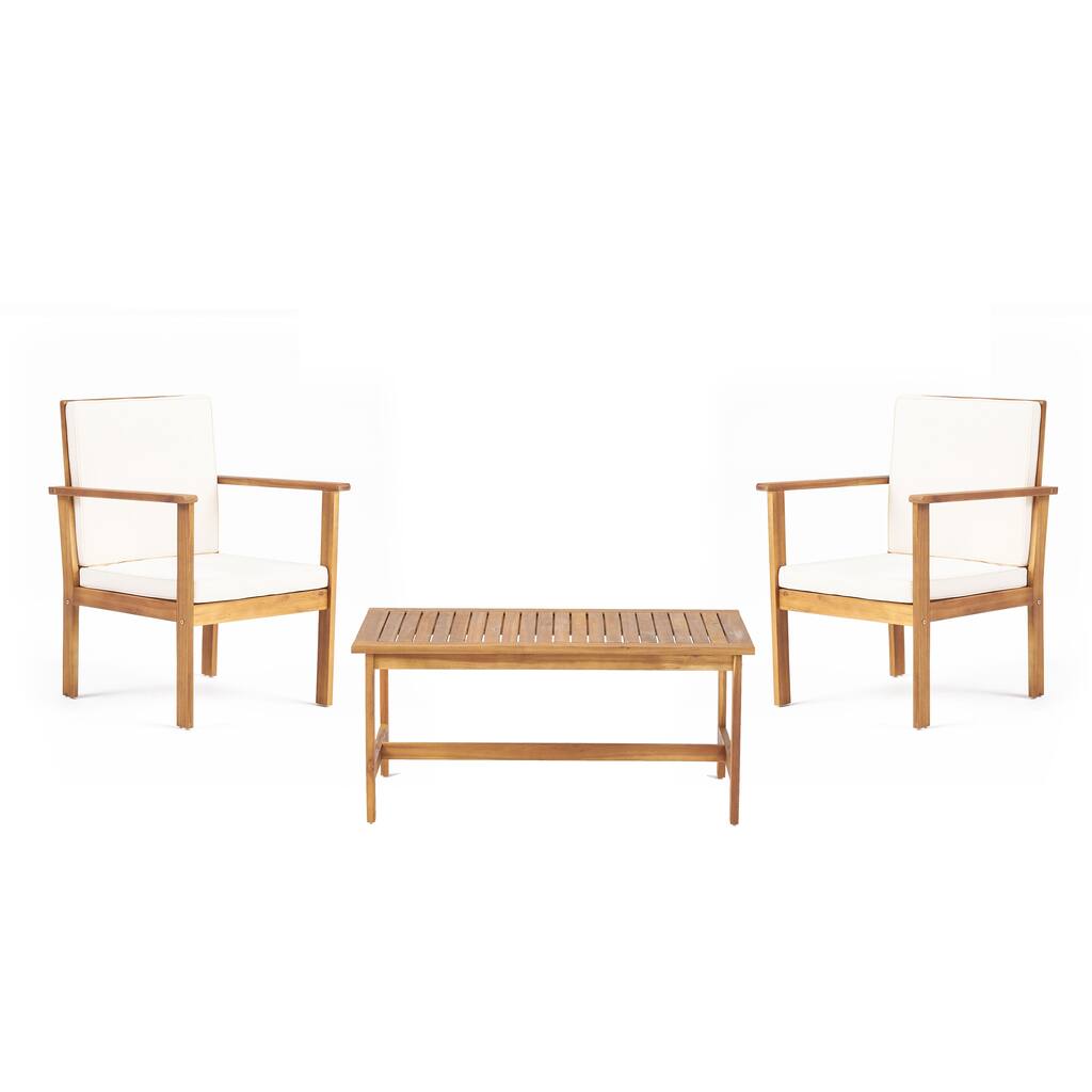 Dunnigan Acacia Wood Outdoor Club Chair and Coffee Table Set with Cushions by Christopher Knight Home