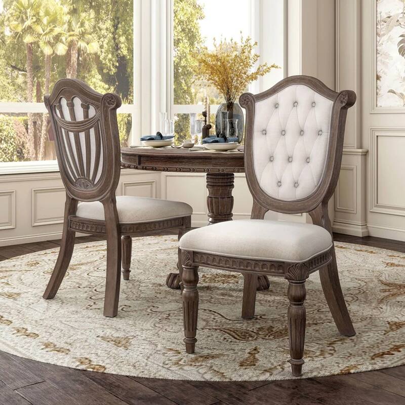 Set of 2 Upholstered Dining Chairs with Diamond Button Tufted Back in Weathered Oak and Beige