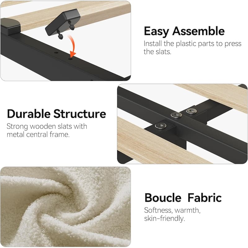 Bed Frame with 2 Drawers, Boucle Upholstered