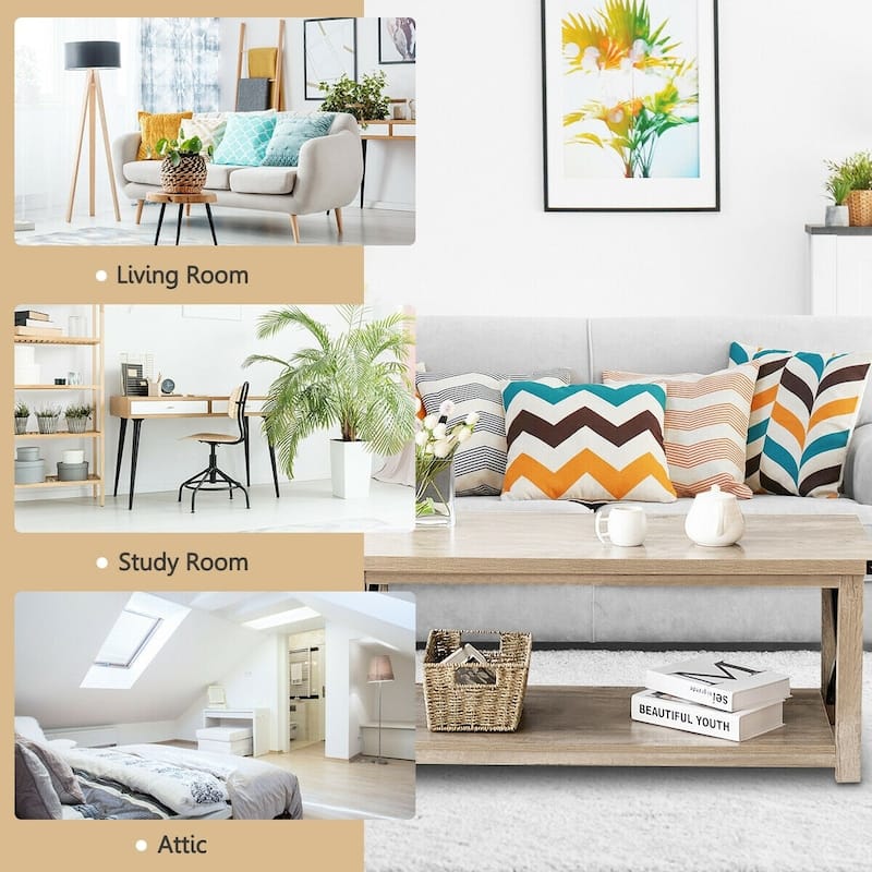 Rustic Accent Coffee Table Metal X Shaped Side Cocktail Table with Storage Shelf - 43.5" x 19.5" x 18"(LXWXH)