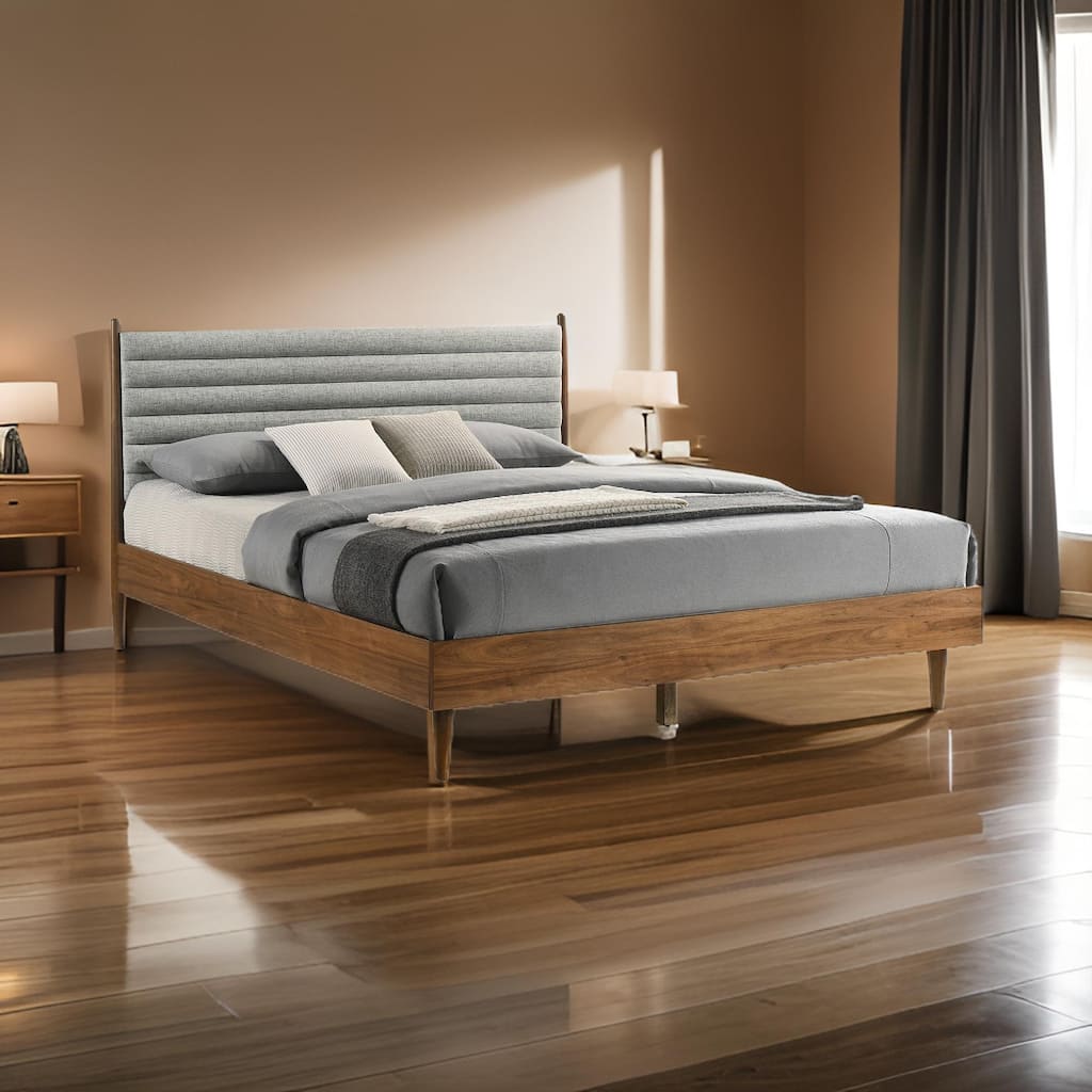 Mian King Platform Bed Frame, Channel Tufted, Walnut, Gray Upholstery