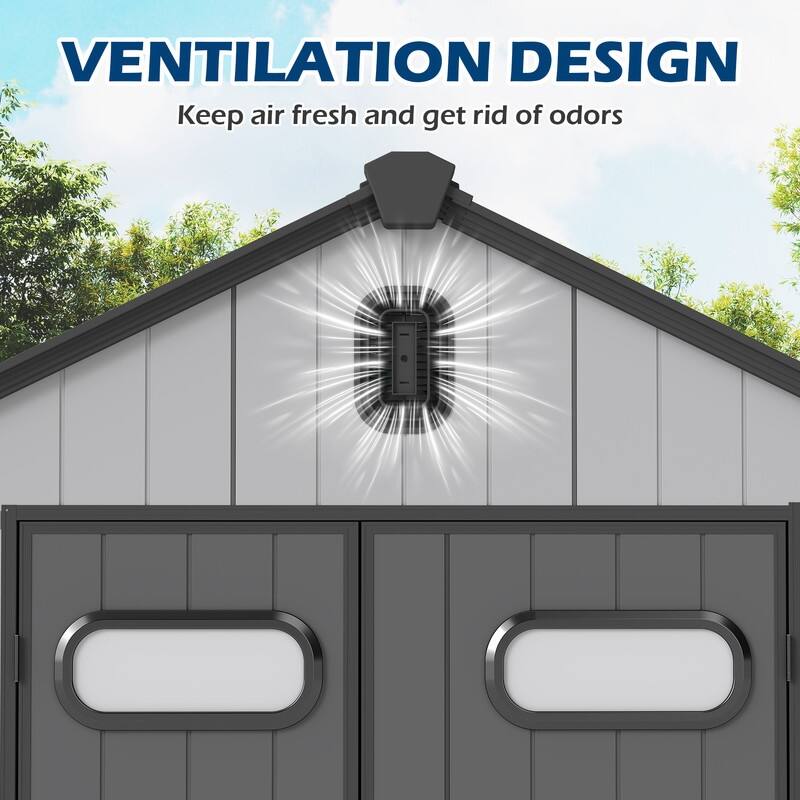 Domi Outdoor Resin Storage Shed, Waterproof Plastic Garden Shed with Lockable Door, Windows & Vents, Outside Tool Storage Shed