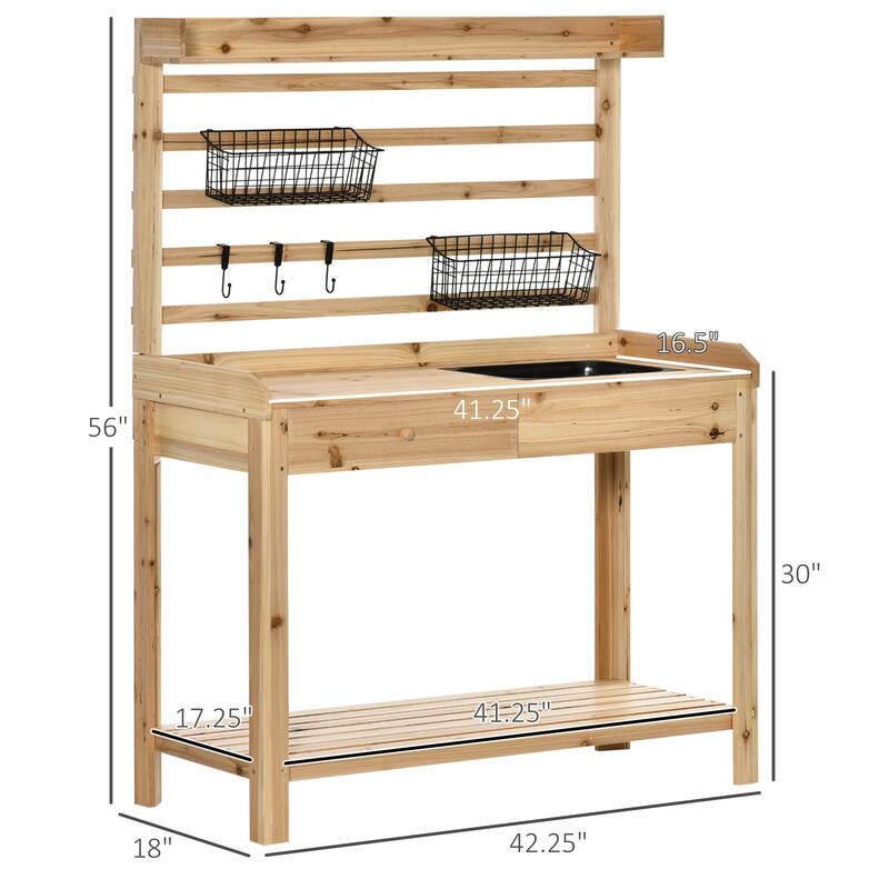 Outdoor Garden Work Table with Removable Sink, Metal Screen, and Ample Storage, Wood Potting Bench Table