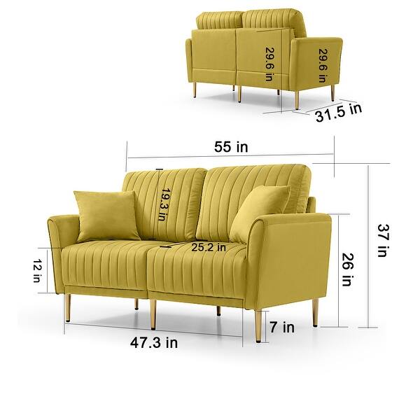 dimension image slide 2 of 5, 2 Piece Living Room Sofa Set, Velvet Upholstered, Solid Manufactured Frame, Reversible Cushions, Metal Feet, Flared Armrests
