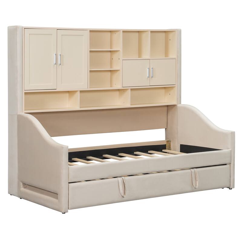 Roomfitters Twin Upholstered Daybed with Storage Shelves, Cabinets, Pull-Out Lift-Up Trundle and Armrest Lights