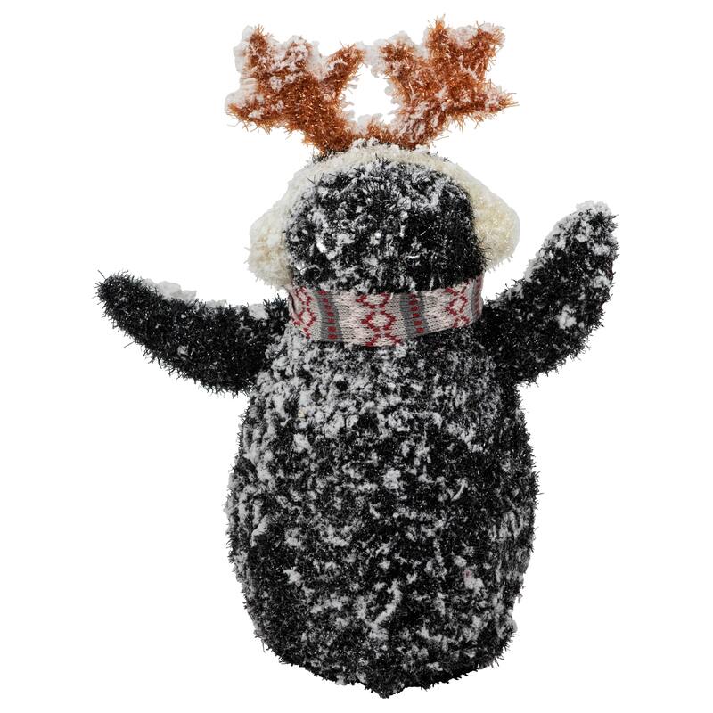 Lighted Snowy Penguin in Antler Hat Outdoor Christmas Decoration - 22" - Warm White - Black