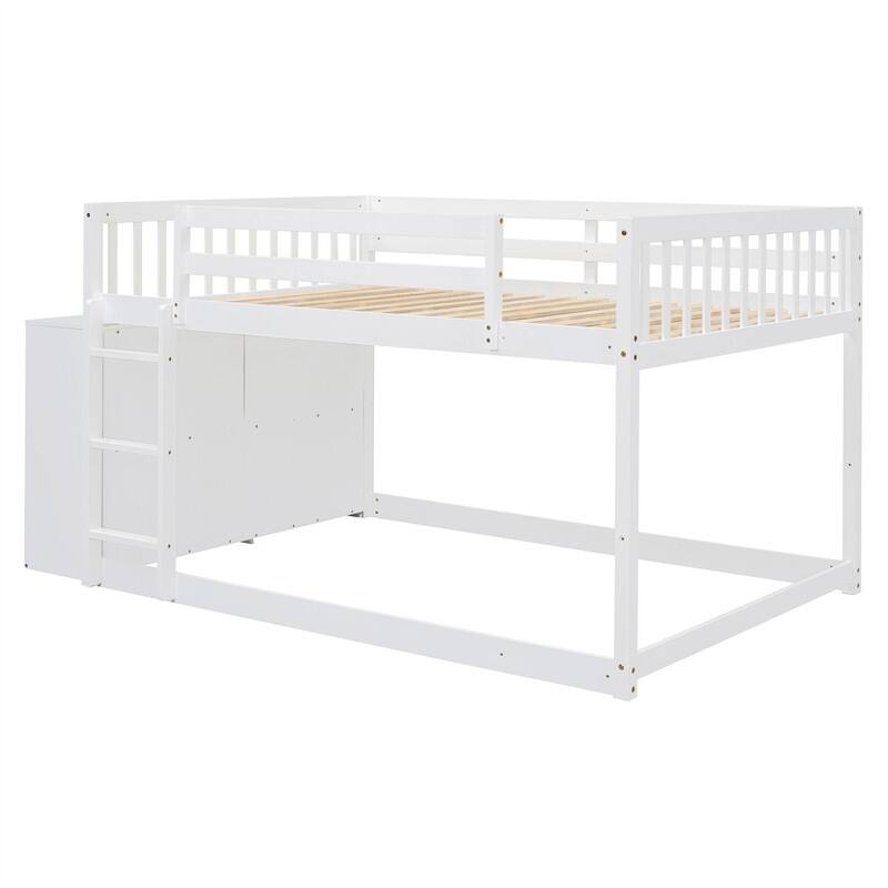 Twin Over Twin/Full Over Full Floor Bunk Bed with Drawers and 3 Storage Shelves, Solid Wood Low Bunk Bed Frame with Ladder