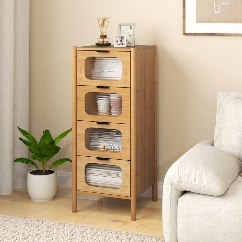 Stylish Natural Wicker Storage Chest with 4 Tempered Glass Drawers and Metal Pull Handles - 16" x 16" x 38"