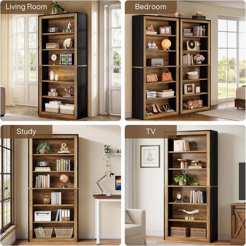 6-Tier Bookcase Tall Open Display Shelves Wood Storage Bookshelf for Living Room Office Bedroom