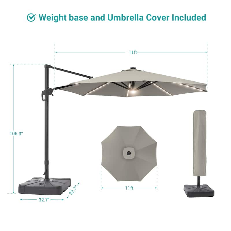 11FT Solar LED Patio Cantilever Umbrella With Resin Base by Bonosuki
