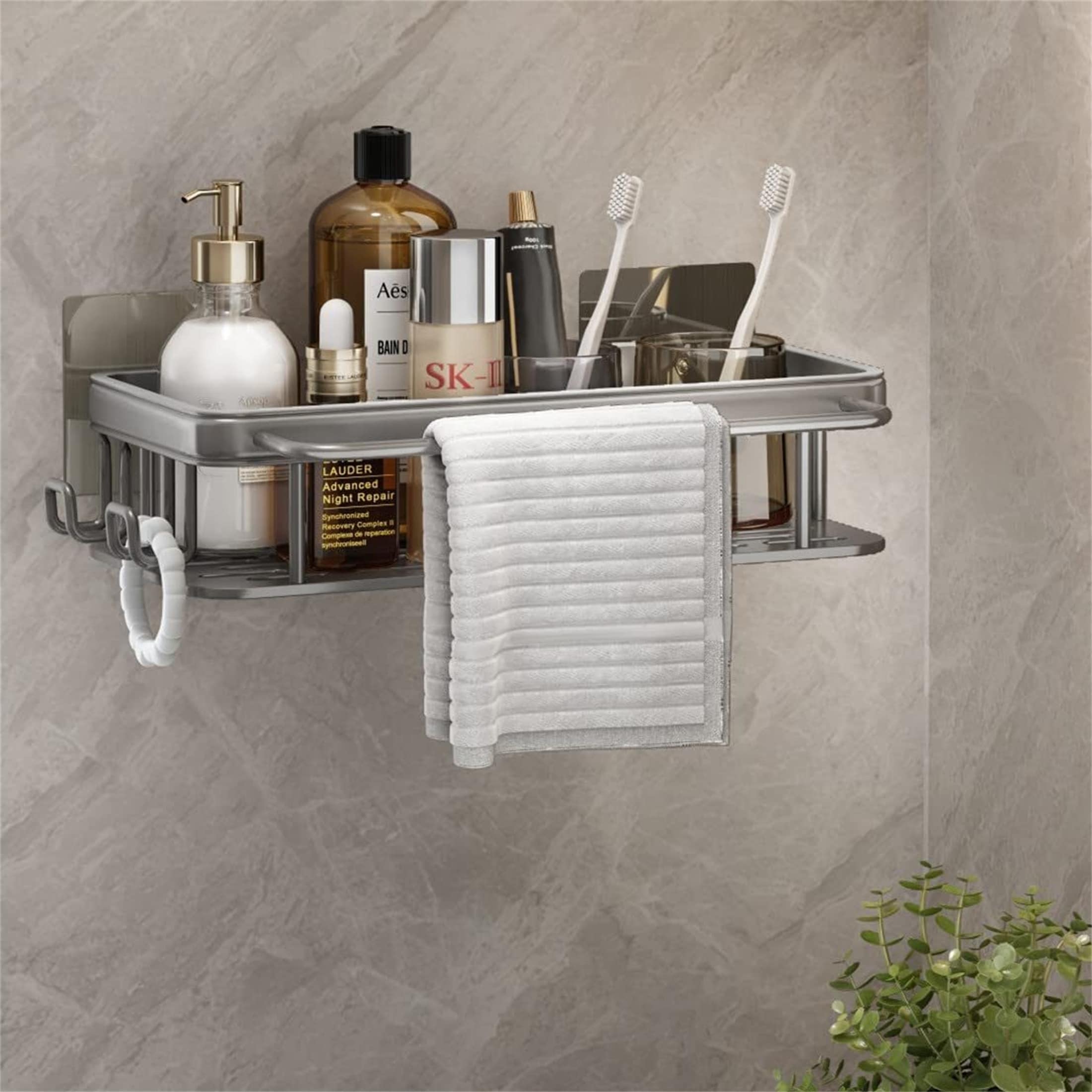 Gray 1 Pack Shower Shelf with Hooks Stick No Drilling