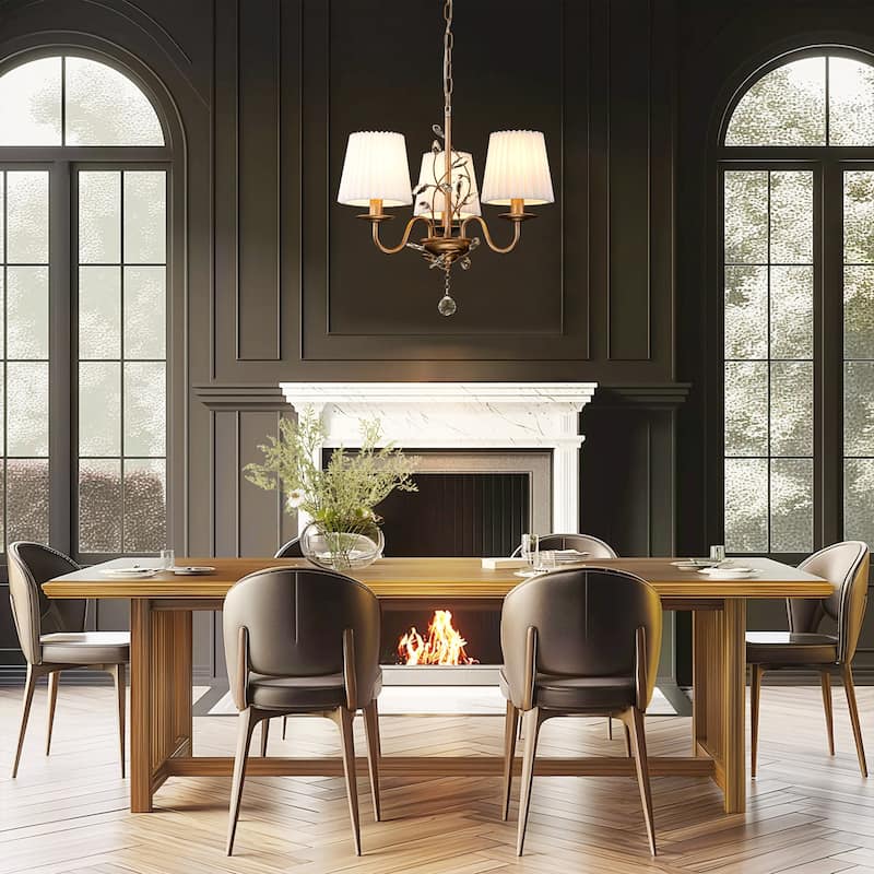 3-Light Vintage Antique Brushed Gold White Fabric Pleated Shades Chandelier with Crystal Ornament for Living Room, Dinning Room