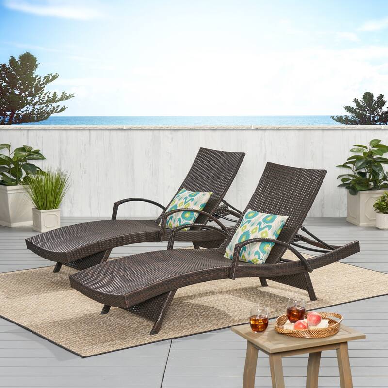 Outdoor Wicker Adjustable Chaise Lounge with Arms w/ table (Set of 2) by Christopher Knight Home - Brown