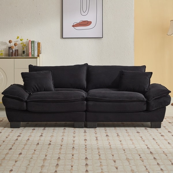 slide 2 of 18, 84 Inch Modern Style Sleeper Sofa, Corduroy Upholstered Sofa with Pillows,Deep Seat Black