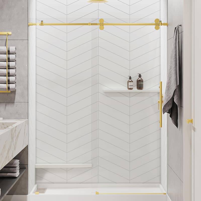 Seawin Briza 56 - 60 x 76 inches Frameless Sliding Shower Door 3/8 in. (10 mm) Clear Tempered Glass with NanoShield Coating - Satin Gold