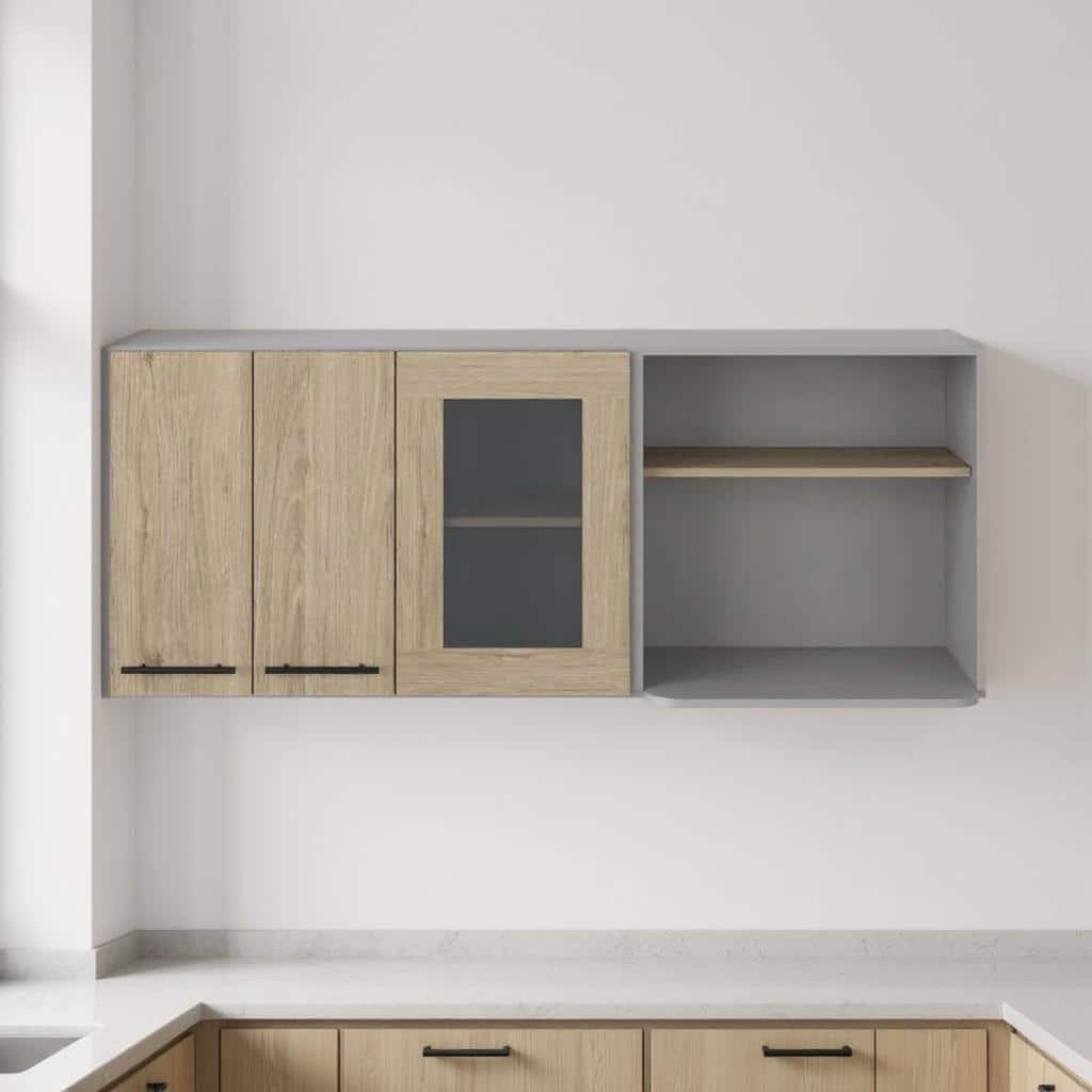 HomeRoots 24" Gray and Natural Wood Wall Mounted Kitchen Cabinet With Three Doors