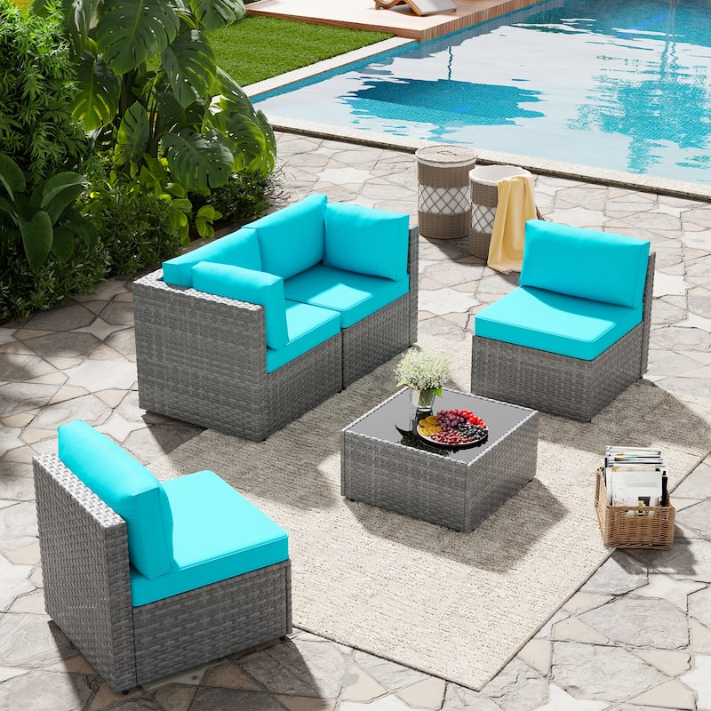 Outdoor 5-Piece Wicker Sectional Sofa Set with Table
