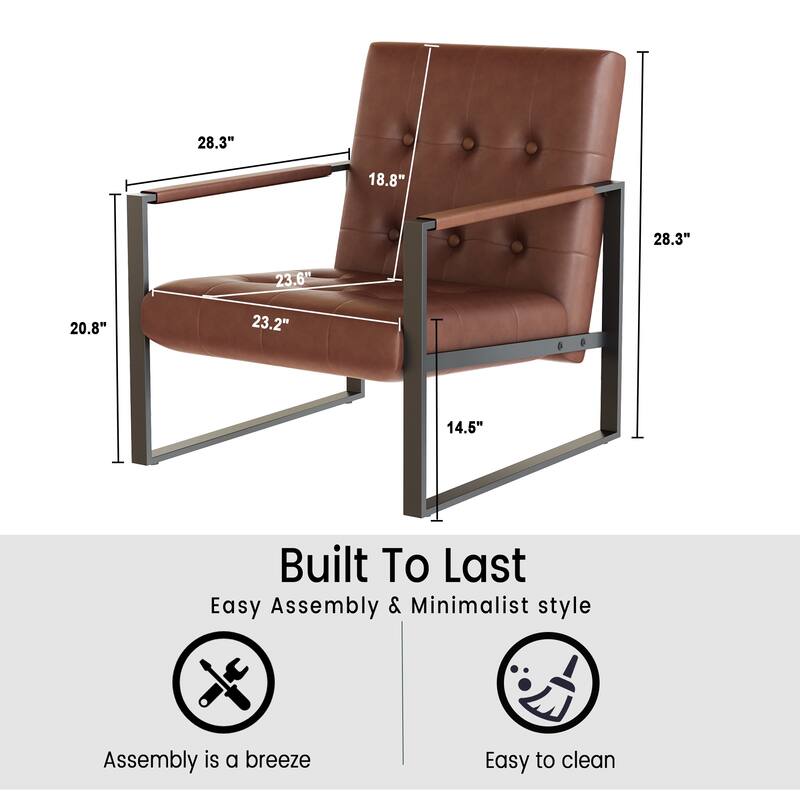 Mid-Century Style Faux Leather Accent Chair, Armchair with Steel Frame, Modern Single Sofa Chair for Living Room Bedroom Office