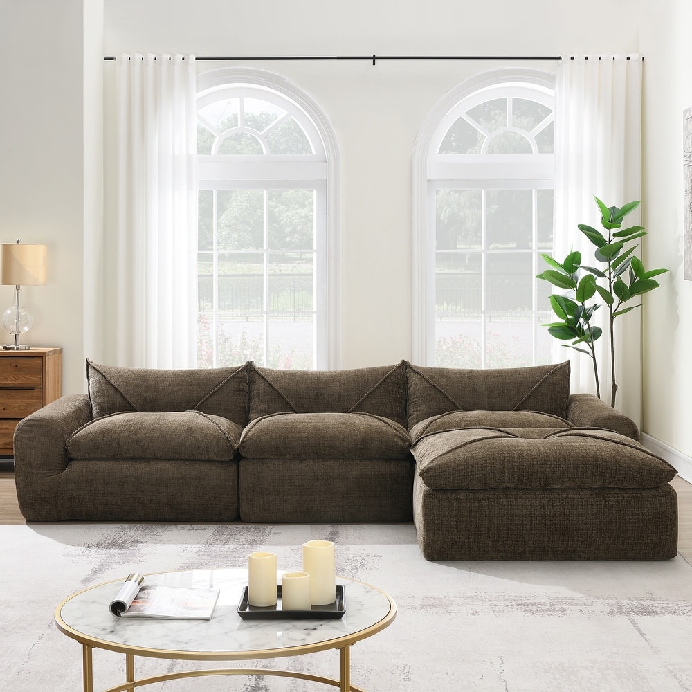 Particle Chenille Sectional Sofa Pull-line Pull-point Design Sofa with Movable Ottoman