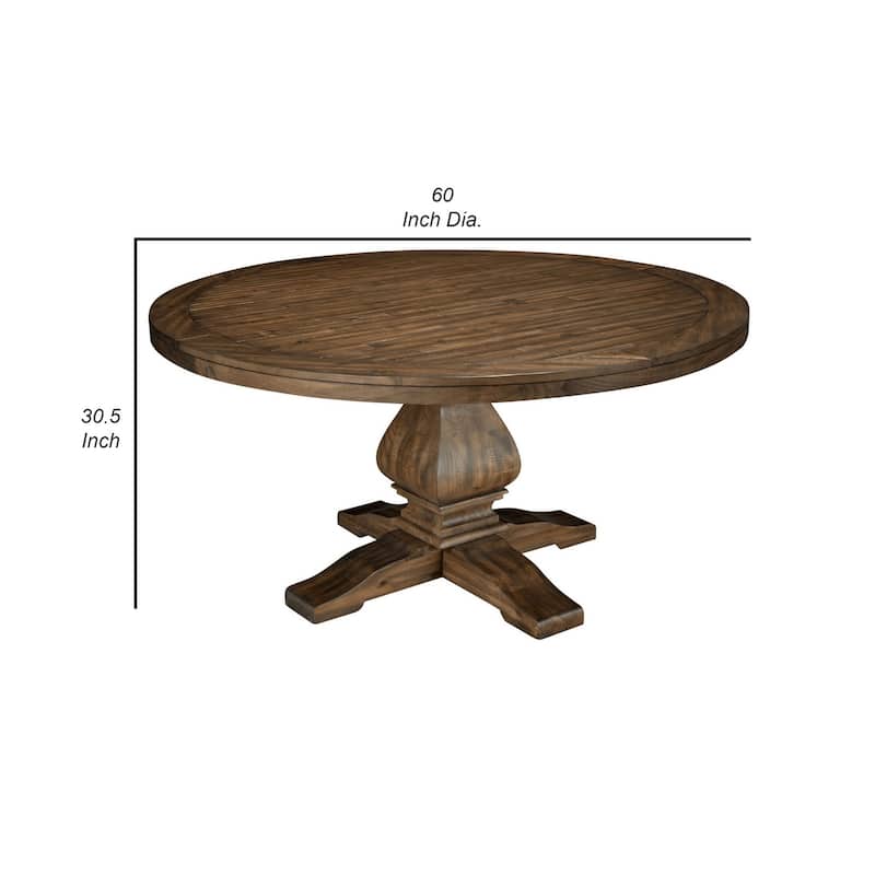 60 Inch Round Dining Table, Carved Pedestal Base, Reclaimed Walnut Brown