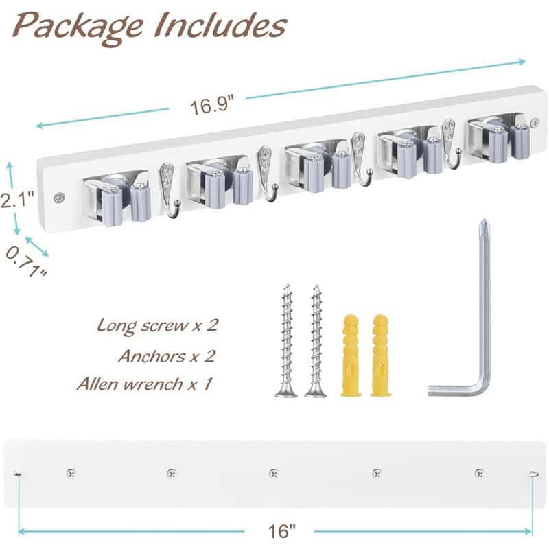 Mop and Broom Holder Wall Mount With 5 Slots & 4 Hooks - 1 Pack